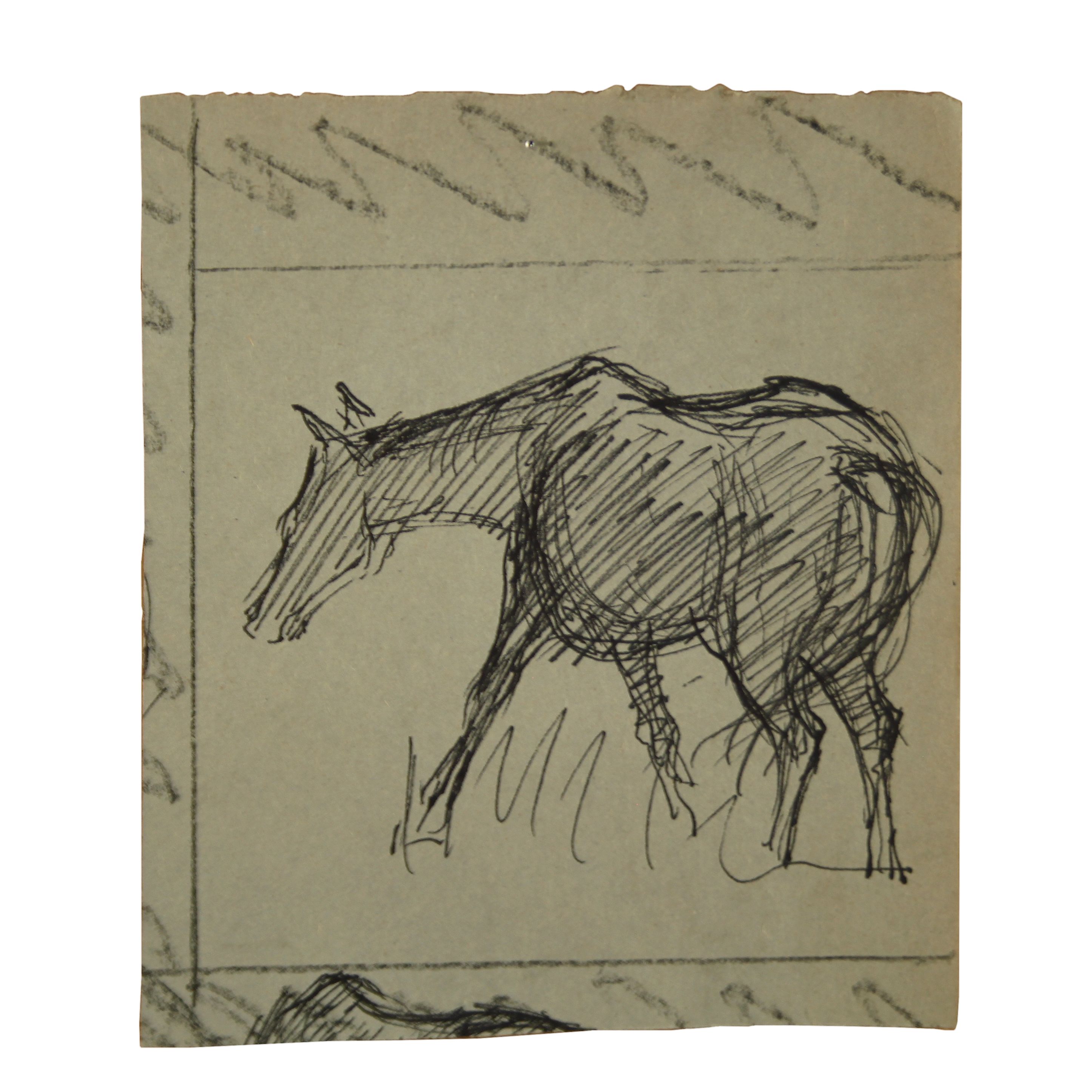 
Old Unframed Retro Pen and Ink Grazing Horse Drawing - Full Image